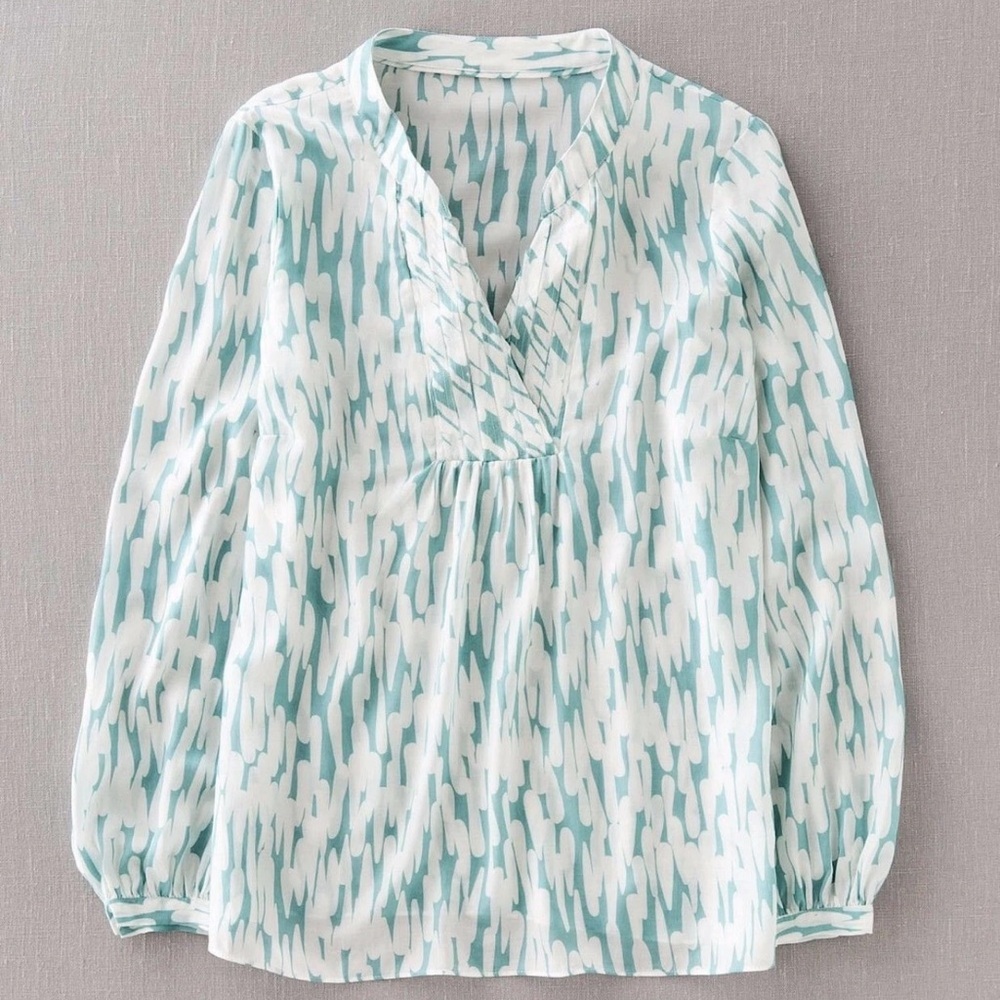 Boden Amalfi Teal & White Silk Blend V-Neck Peasant Blouse Top Geo Pattern Sz 14